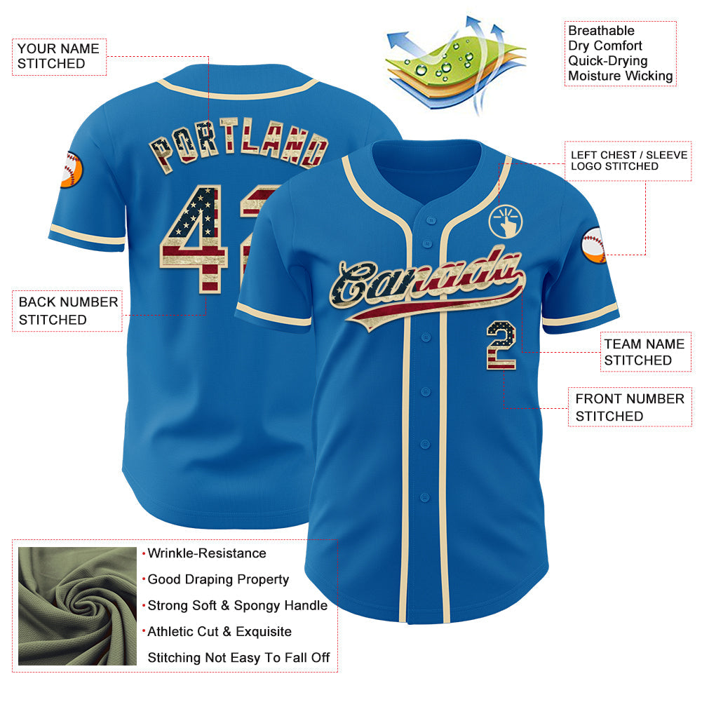 Custom Blue Vintage USA Flag-Cream Authentic Baseball Jersey view 3