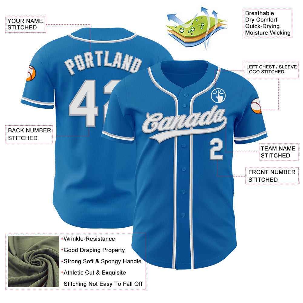 Custom Blue White-Gray Authentic Baseball Jersey view 3