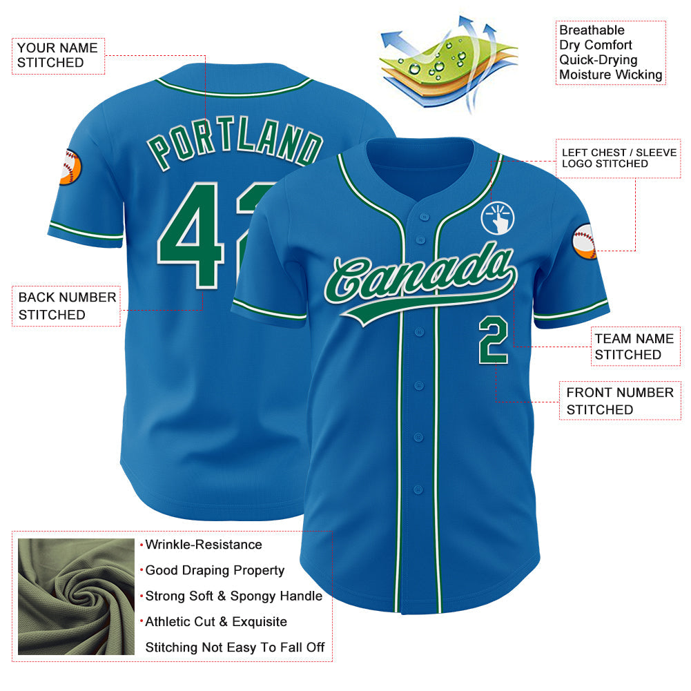 Custom Blue Kelly Green-White Authentic Baseball Jersey view 3