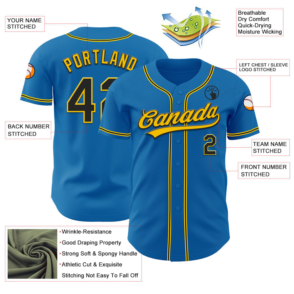 Custom Blue Black-Yellow Authentic Baseball Jersey view 3