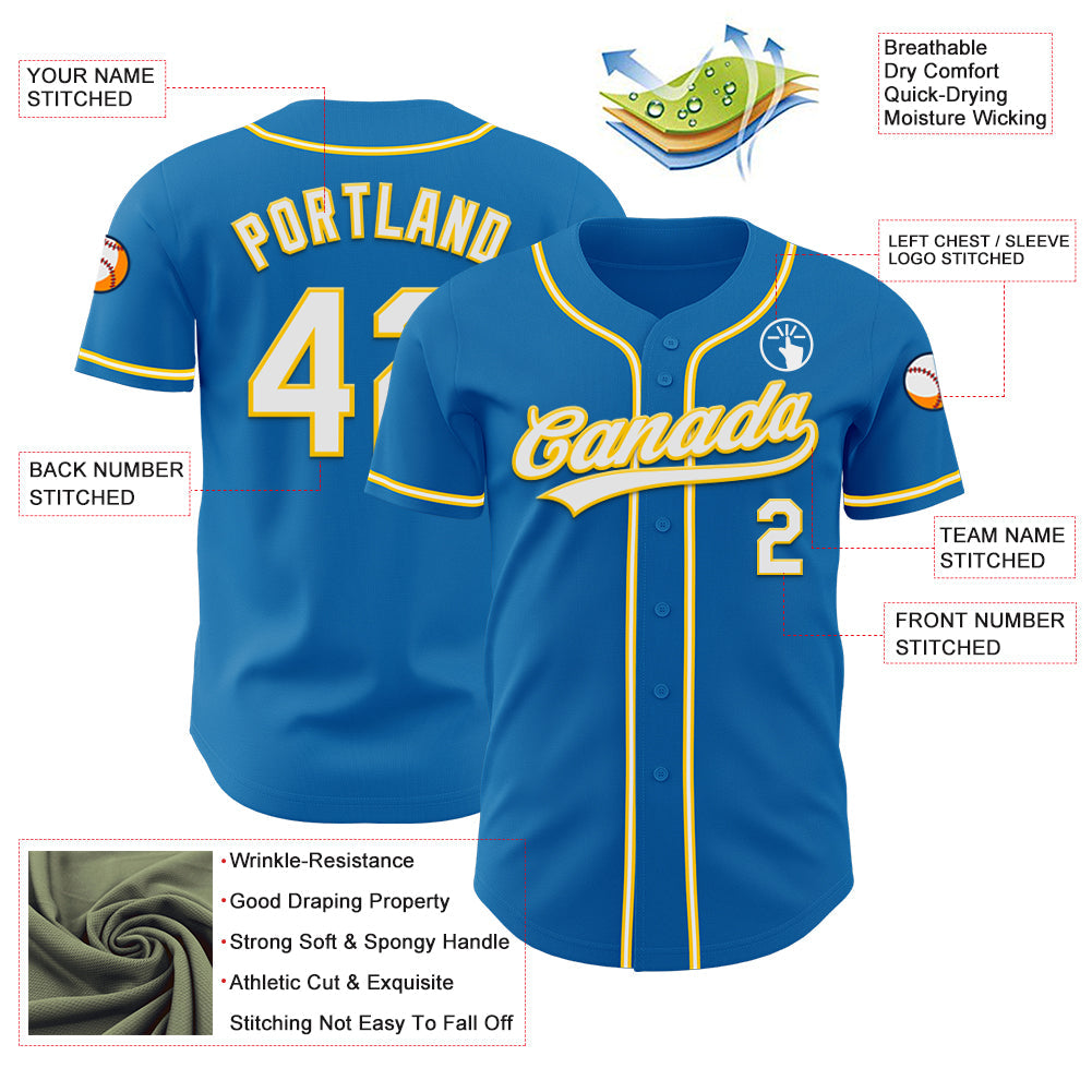 Custom Blue White-Yellow Authentic Baseball Jersey view 3
