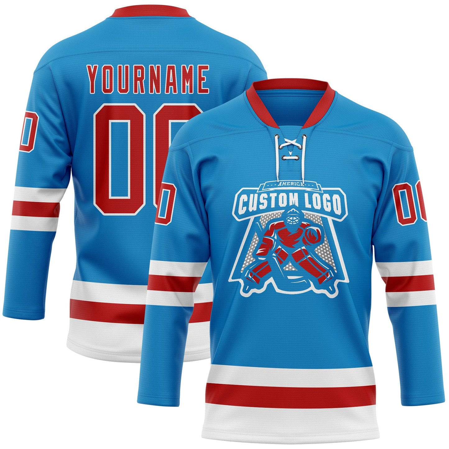 Custom Blue Red-White Hockey Lace Neck Jersey view 2