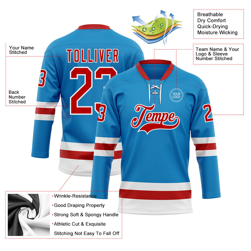 Custom Blue Red-White Hockey Lace Neck Jersey view 3