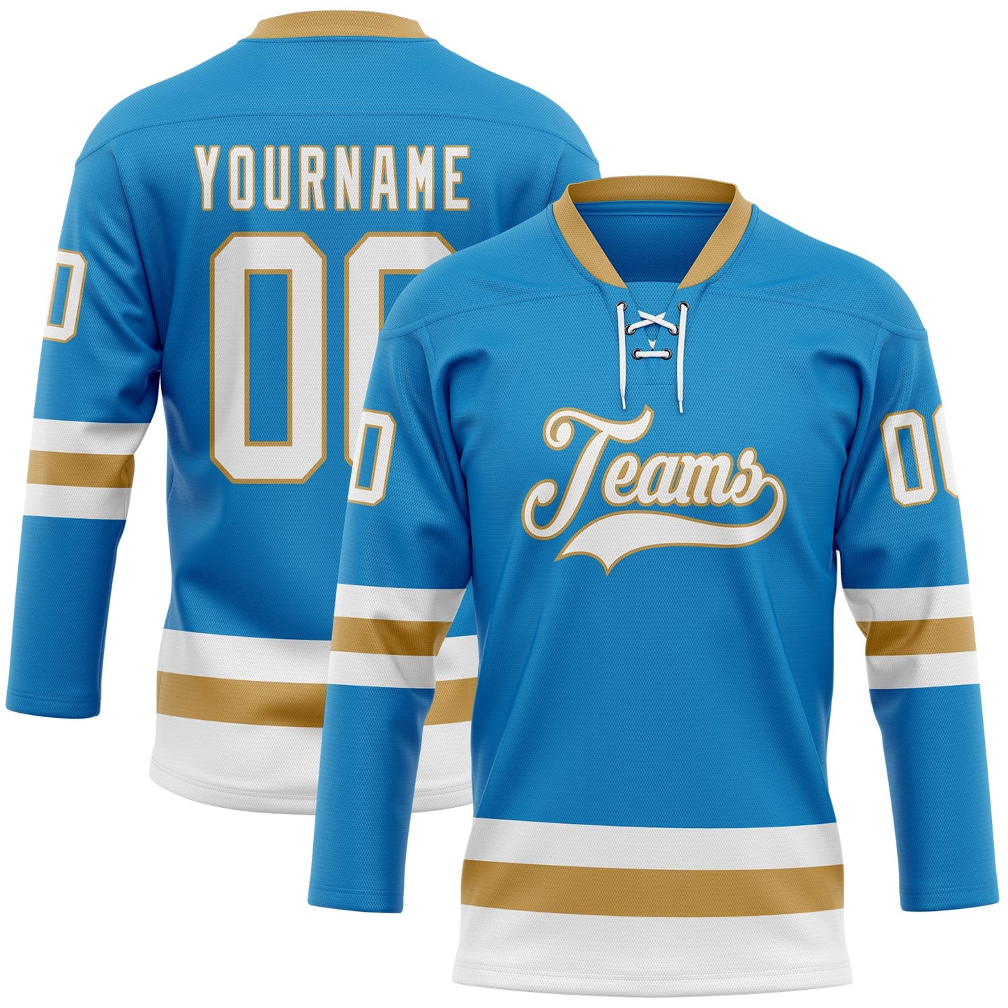 Custom Blue White-Old Gold Hockey Lace Neck Jersey - Main View