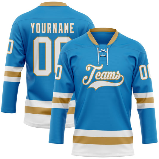 Custom Blue White-Old Gold Hockey Lace Neck Jersey - Main View