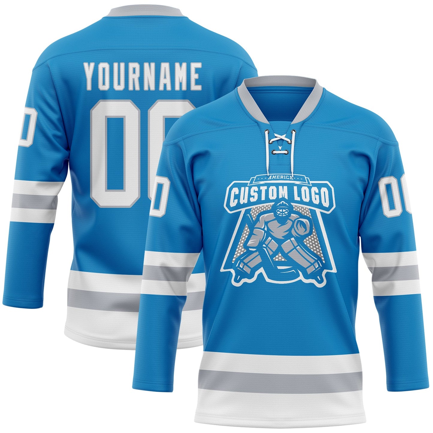 Custom Blue White-Gray Hockey Lace Neck Jersey view 2
