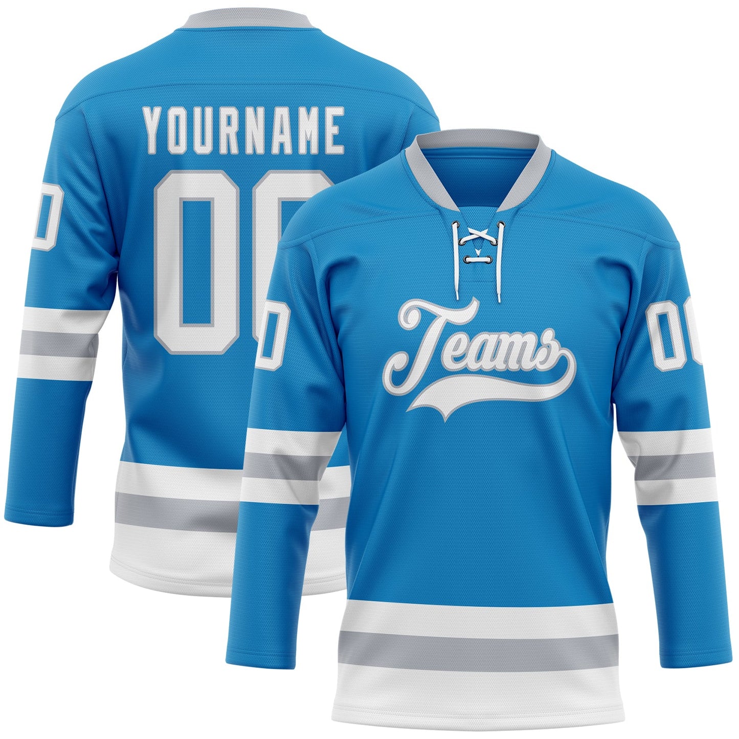 Custom Blue White-Gray Hockey Lace Neck Jersey - Main View