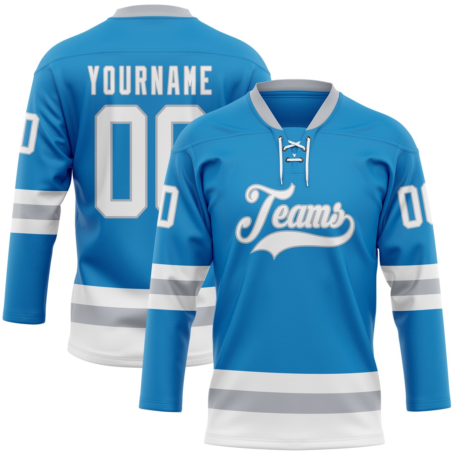 Custom Blue White-Gray Hockey Lace Neck Jersey - Main View