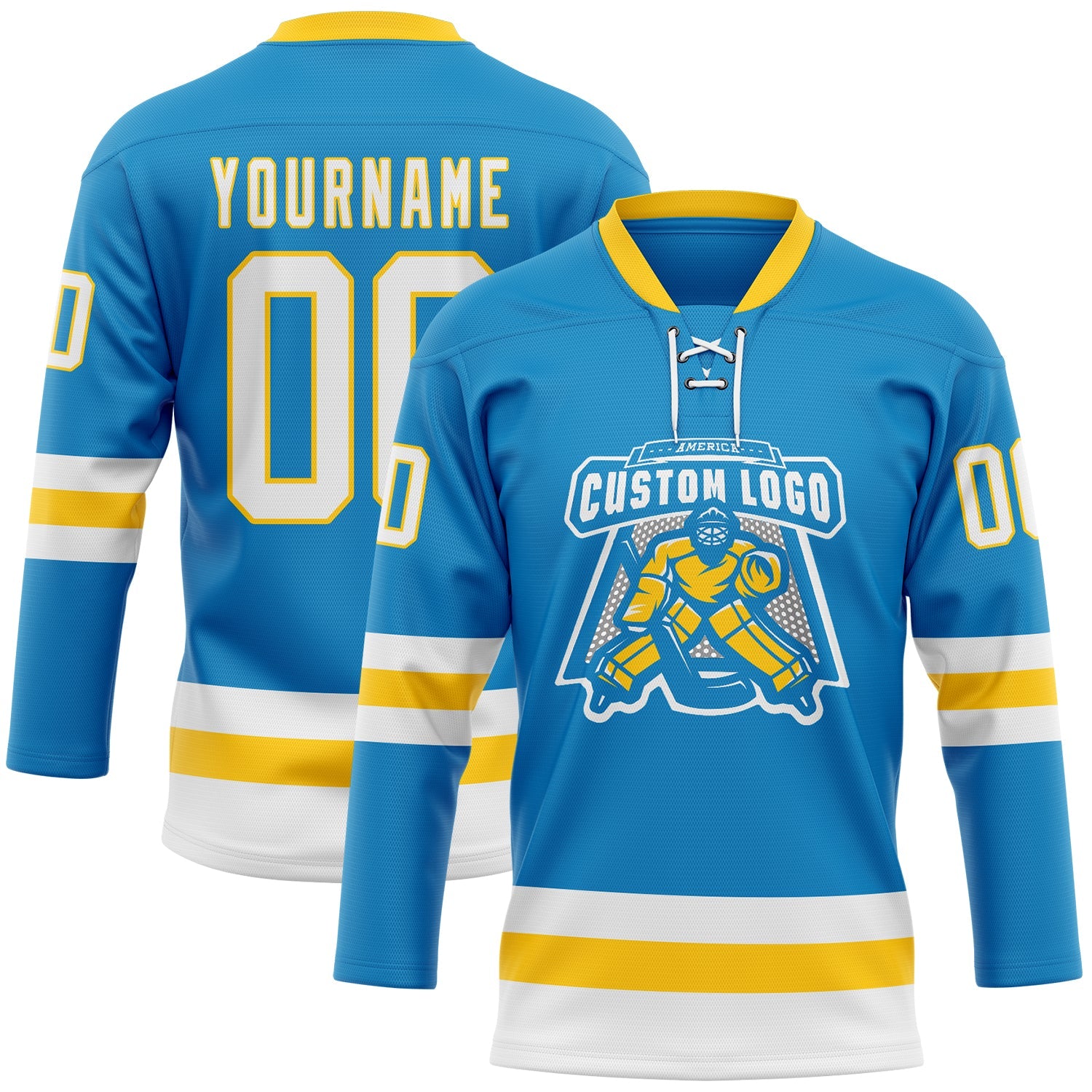 Custom Blue White-Yellow Hockey Lace Neck Jersey view 2
