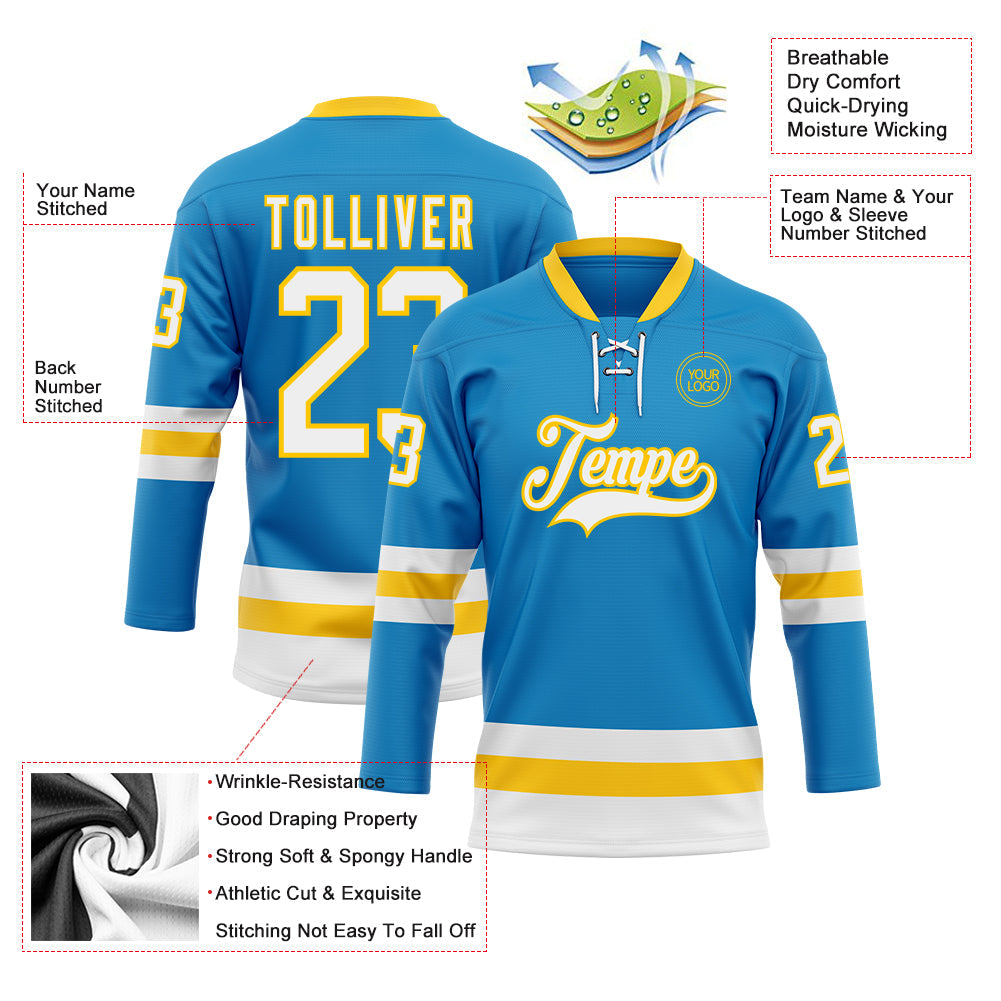 Custom Blue White-Yellow Hockey Lace Neck Jersey view 3