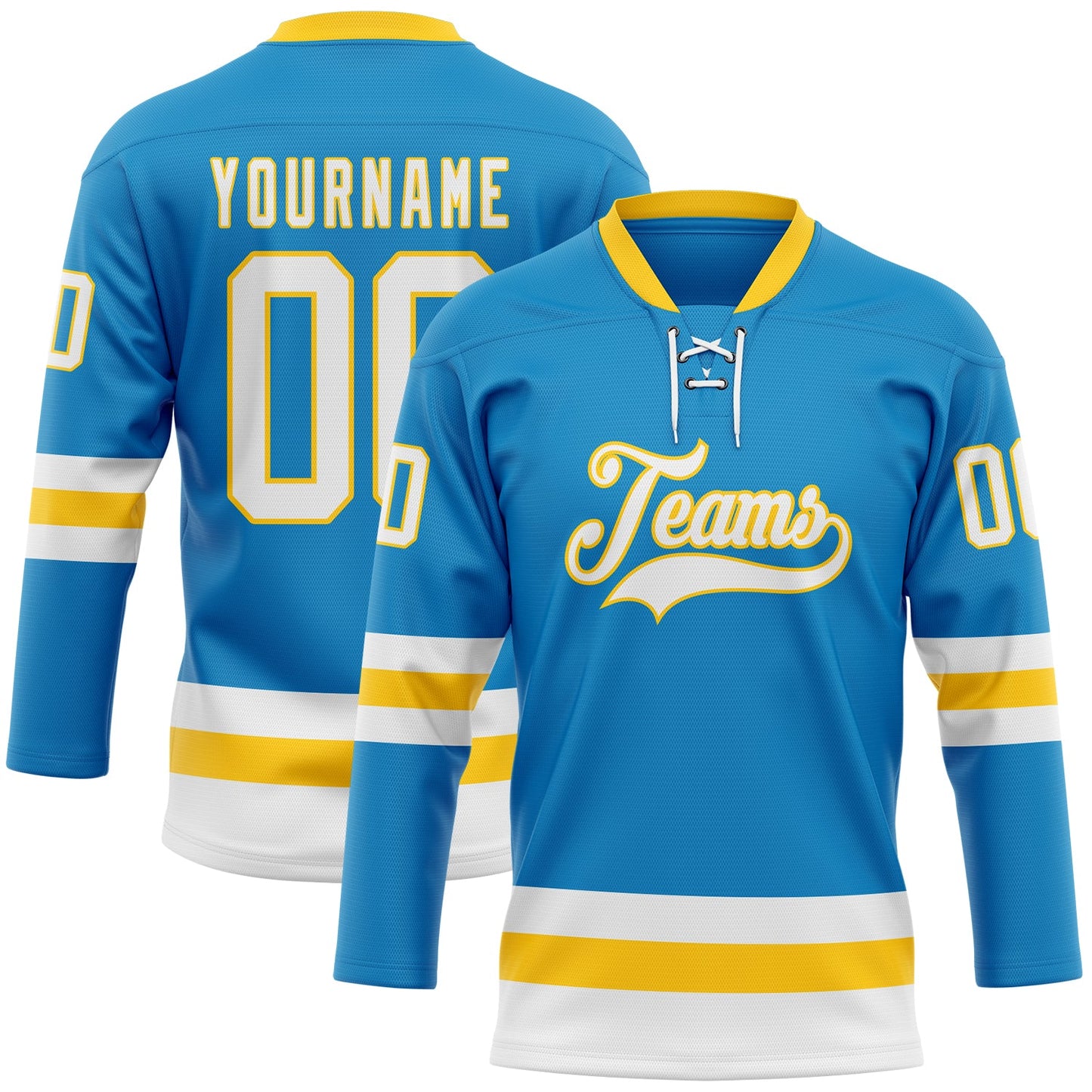 Custom Blue White-Yellow Hockey Lace Neck Jersey - Main View