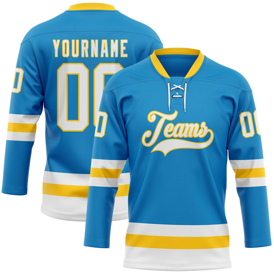 Custom Blue White-Yellow Hockey Lace Neck Jersey - Main View