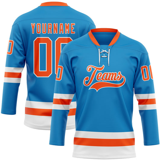 Custom Blue Orange-White Hockey Lace Neck Jersey - Main View