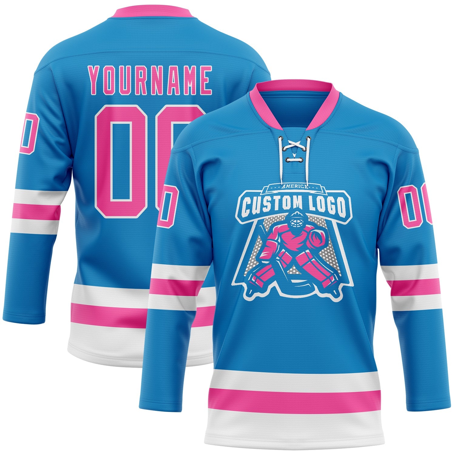 Custom Blue Pink-White Hockey Lace Neck Jersey view 2