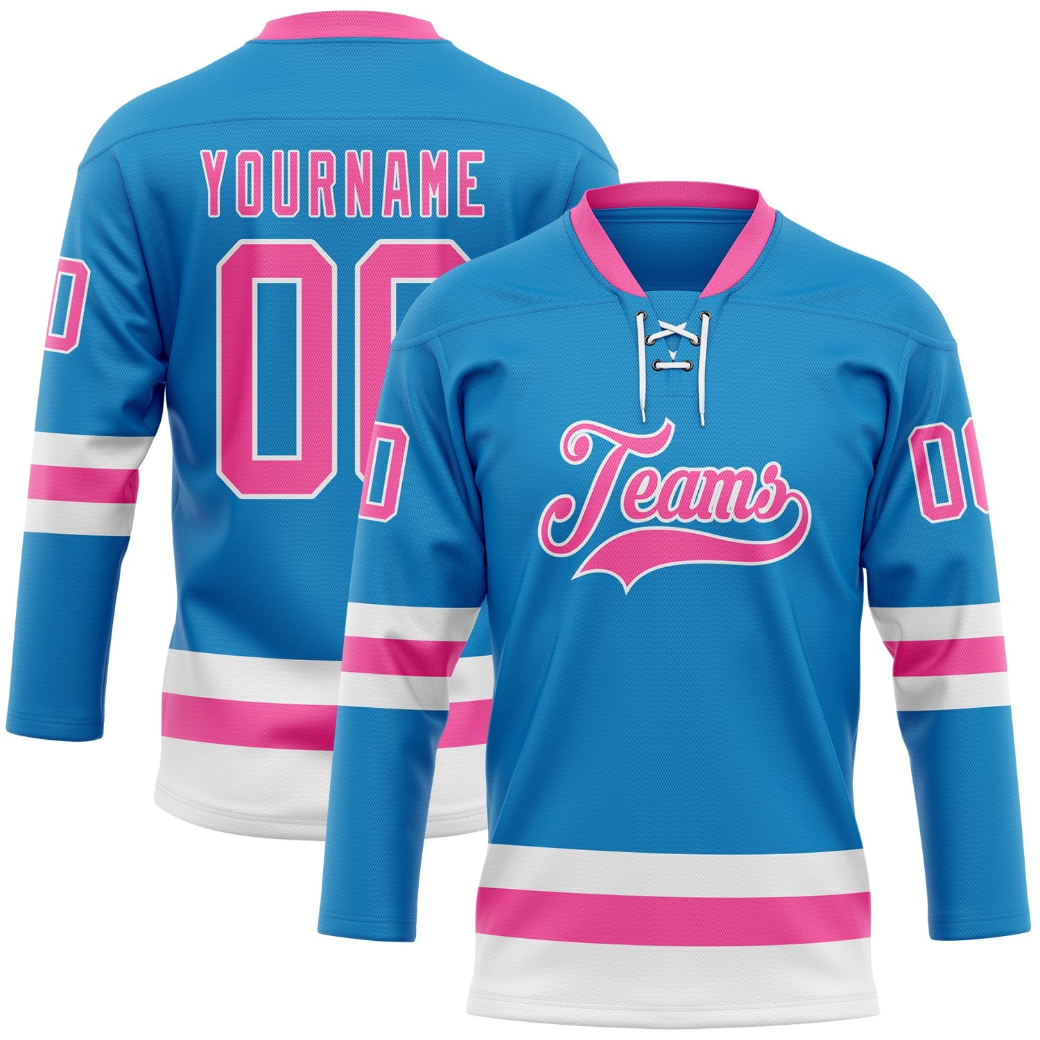Custom Blue Pink-White Hockey Lace Neck Jersey - Main View