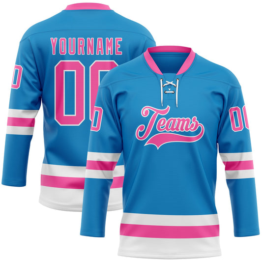 Custom Blue Pink-White Hockey Lace Neck Jersey - Main View
