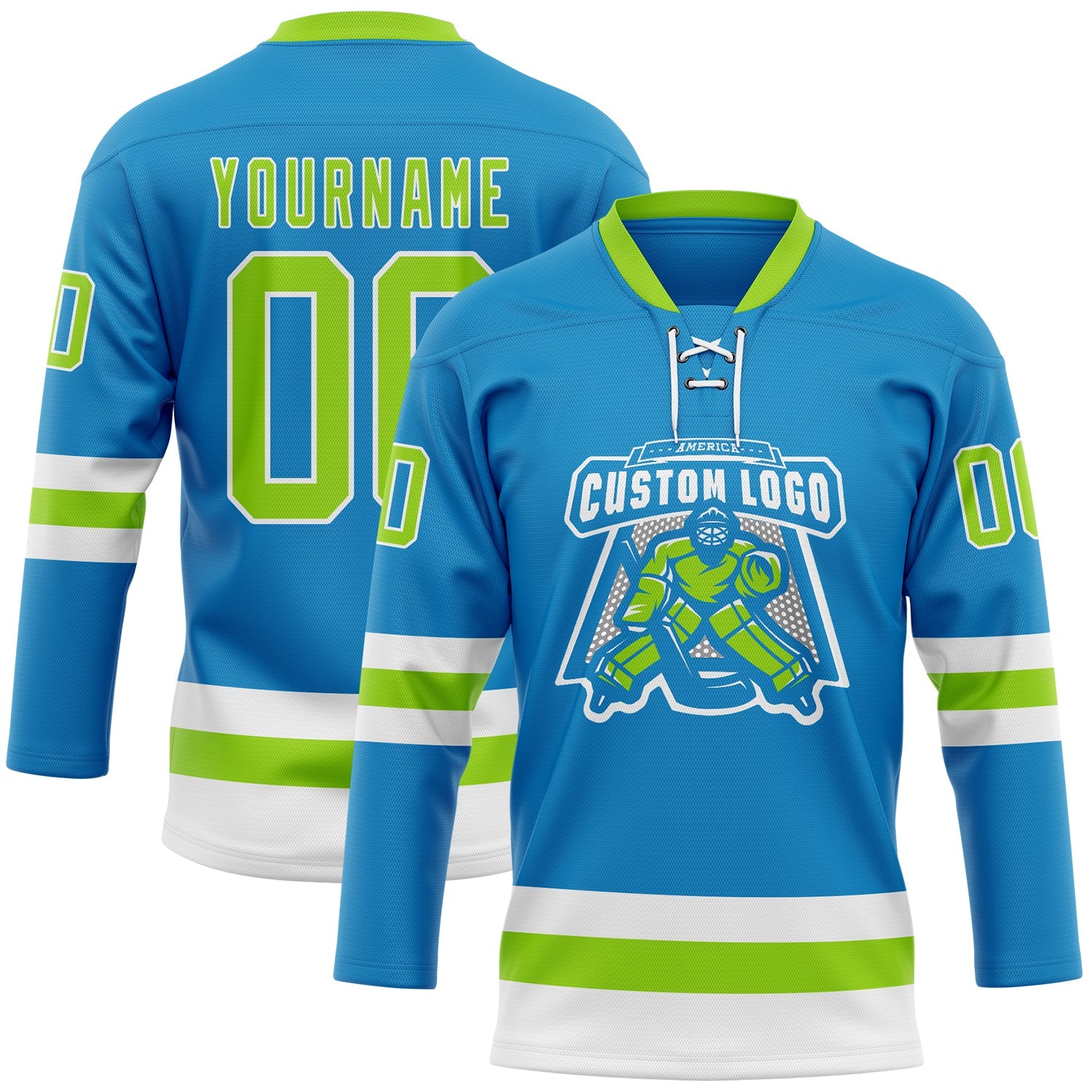 Custom Blue Neon Green-White Hockey Lace Neck Jersey view 2