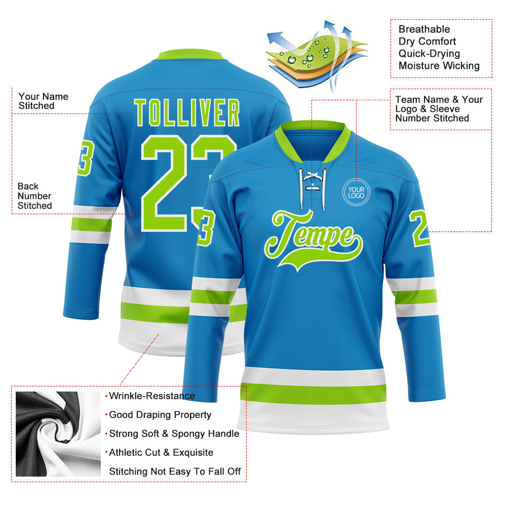 Custom Blue Neon Green-White Hockey Lace Neck Jersey view 3