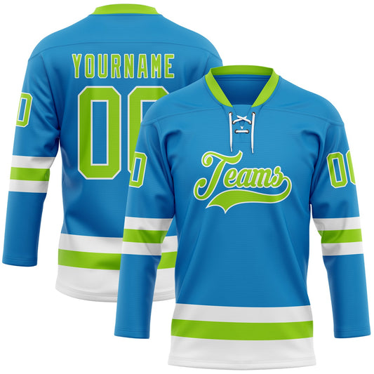 Custom Blue Neon Green-White Hockey Lace Neck Jersey - Main View