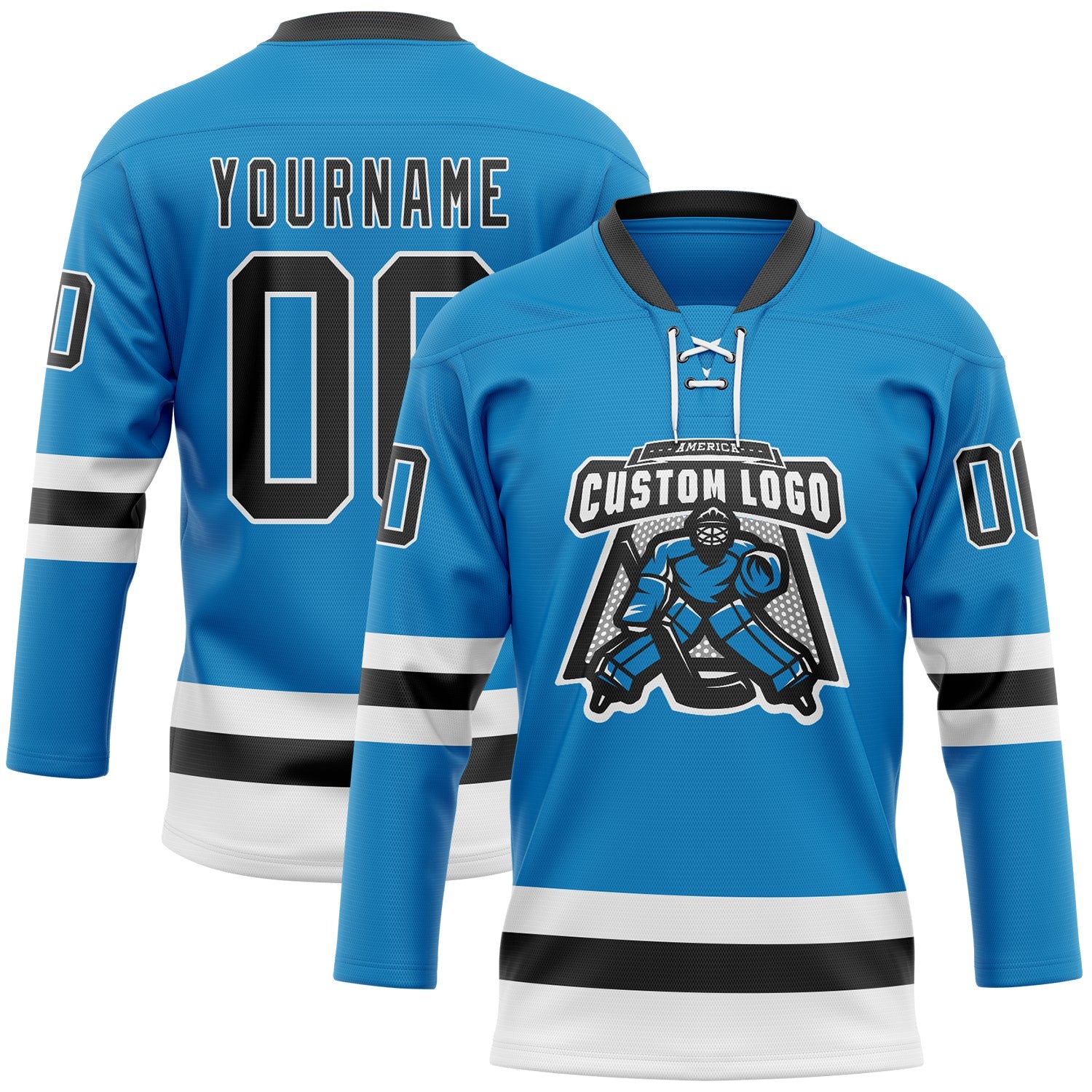 Custom Blue Black-White Hockey Lace Neck Jersey view 2