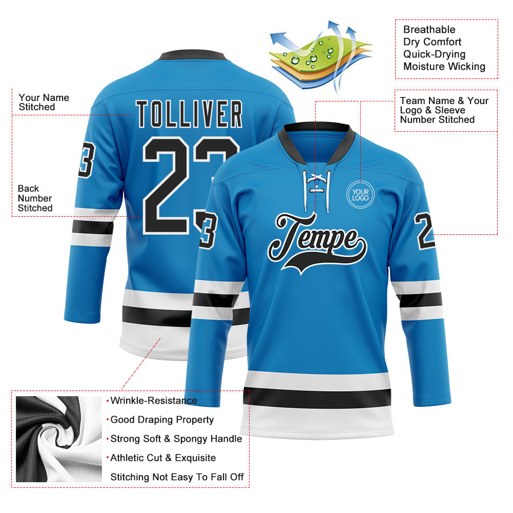 Custom Blue Black-White Hockey Lace Neck Jersey view 3