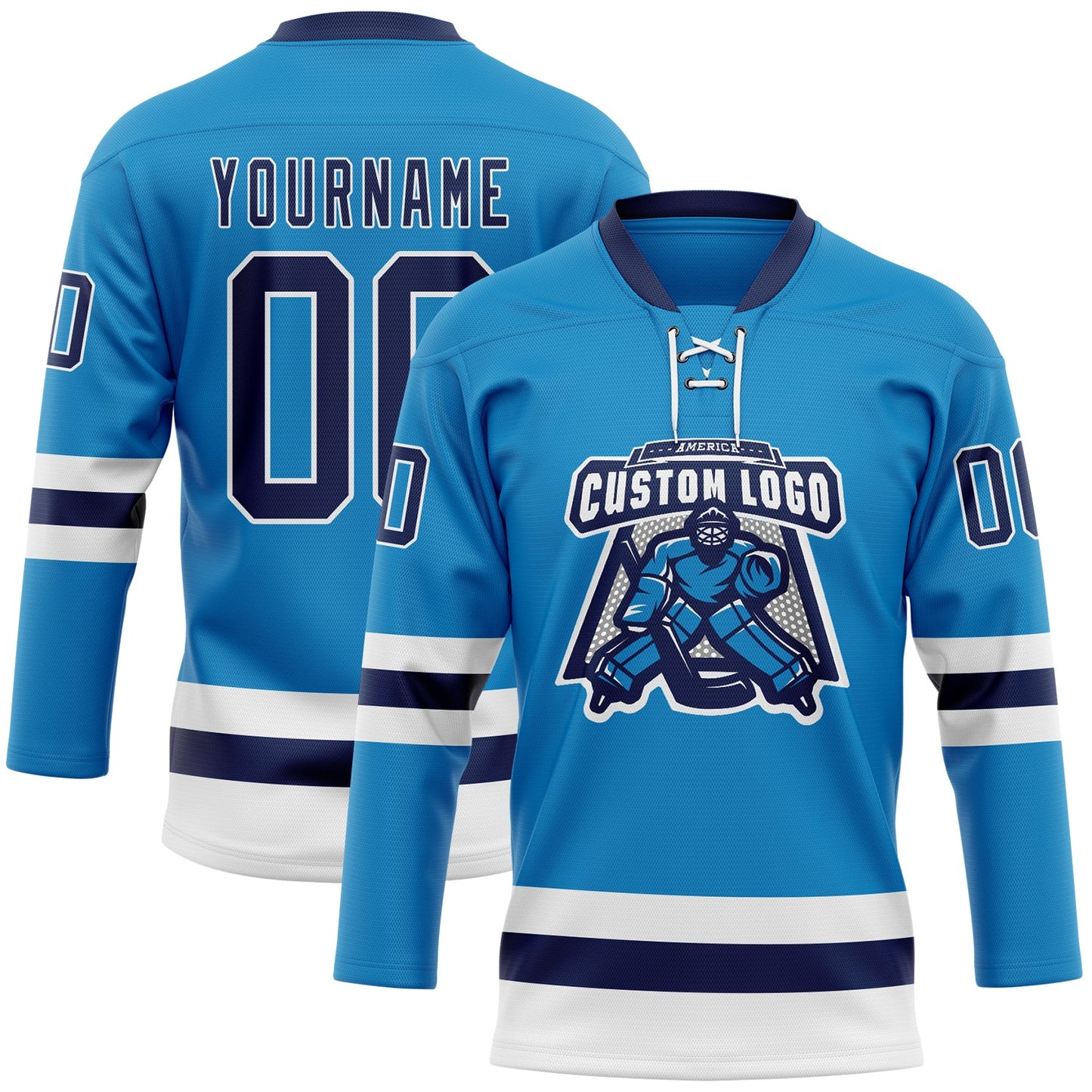 Custom Blue Navy-White Hockey Lace Neck Jersey view 2