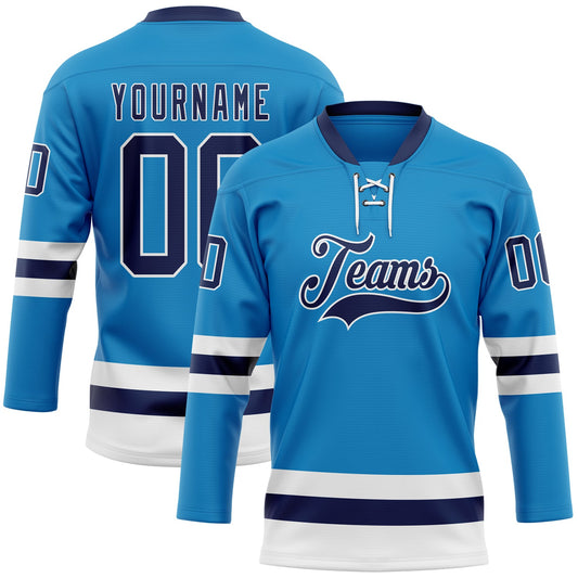 Custom Blue Navy-White Hockey Lace Neck Jersey - Main View