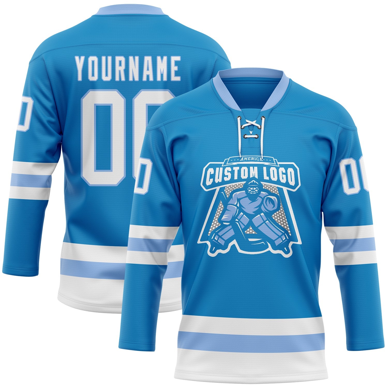 Custom Blue White-Light Blue Hockey Lace Neck Jersey view 2