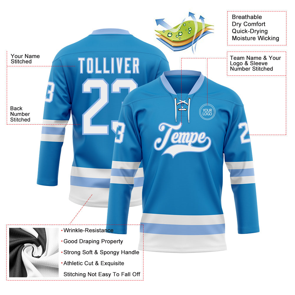 Custom Blue White-Light Blue Hockey Lace Neck Jersey view 3