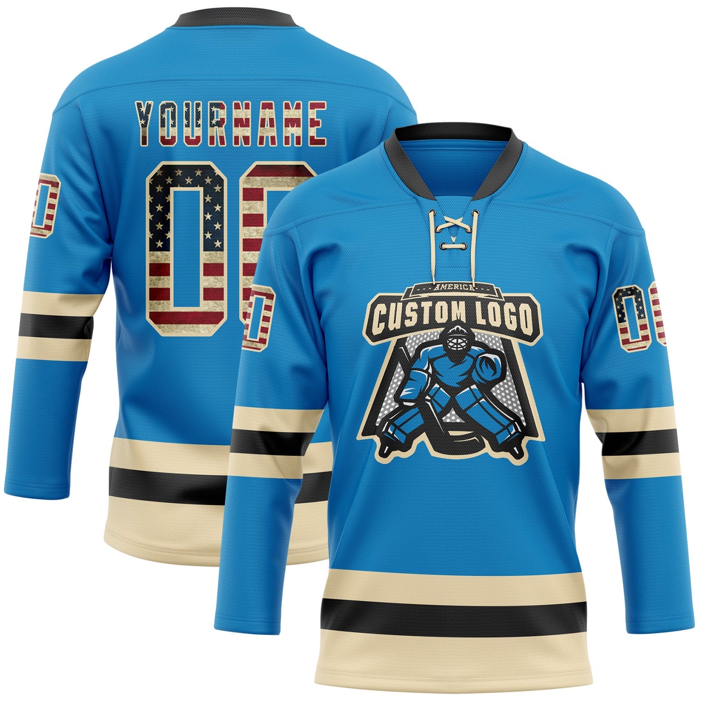 Custom Blue Vintage USA Flag Cream-Black Hockey Lace Neck Jersey view 2