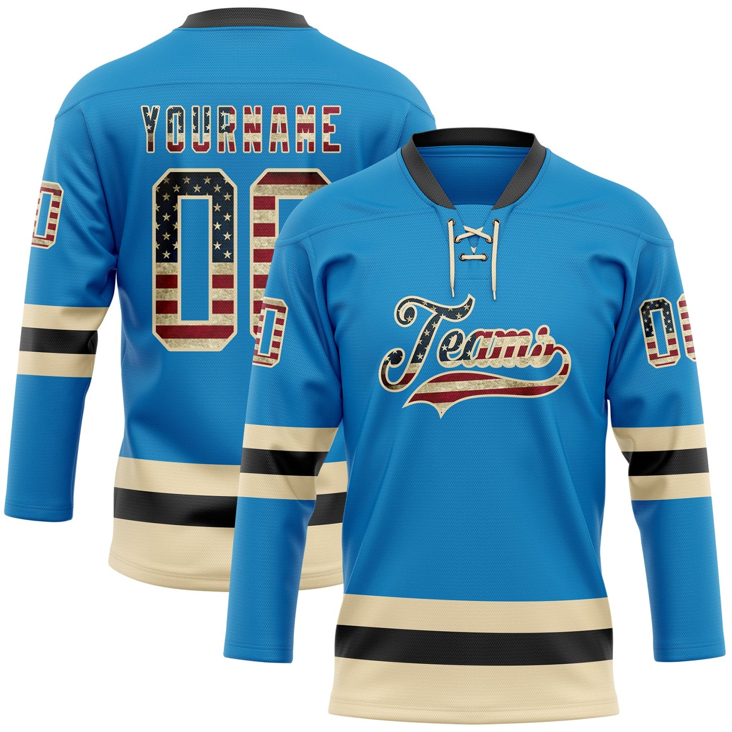 Custom Blue Vintage USA Flag Cream-Black Hockey Lace Neck Jersey - Main View