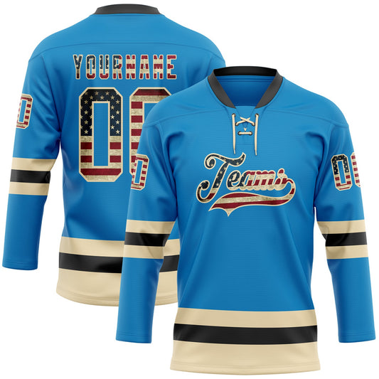 Custom Blue Vintage USA Flag Cream-Black Hockey Lace Neck Jersey - Main View