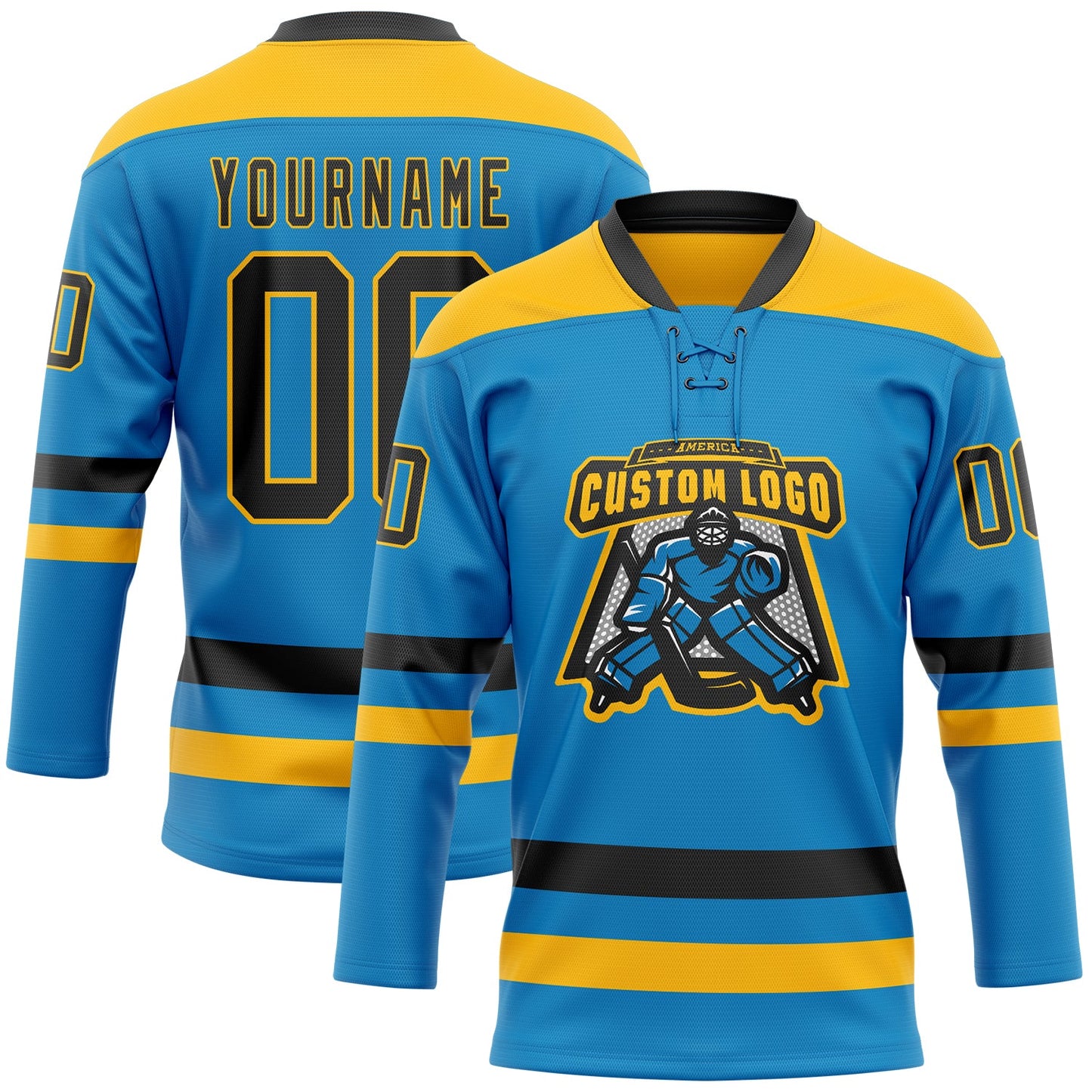 Custom Blue Black-Gold Hockey Lace Neck Jersey view 2