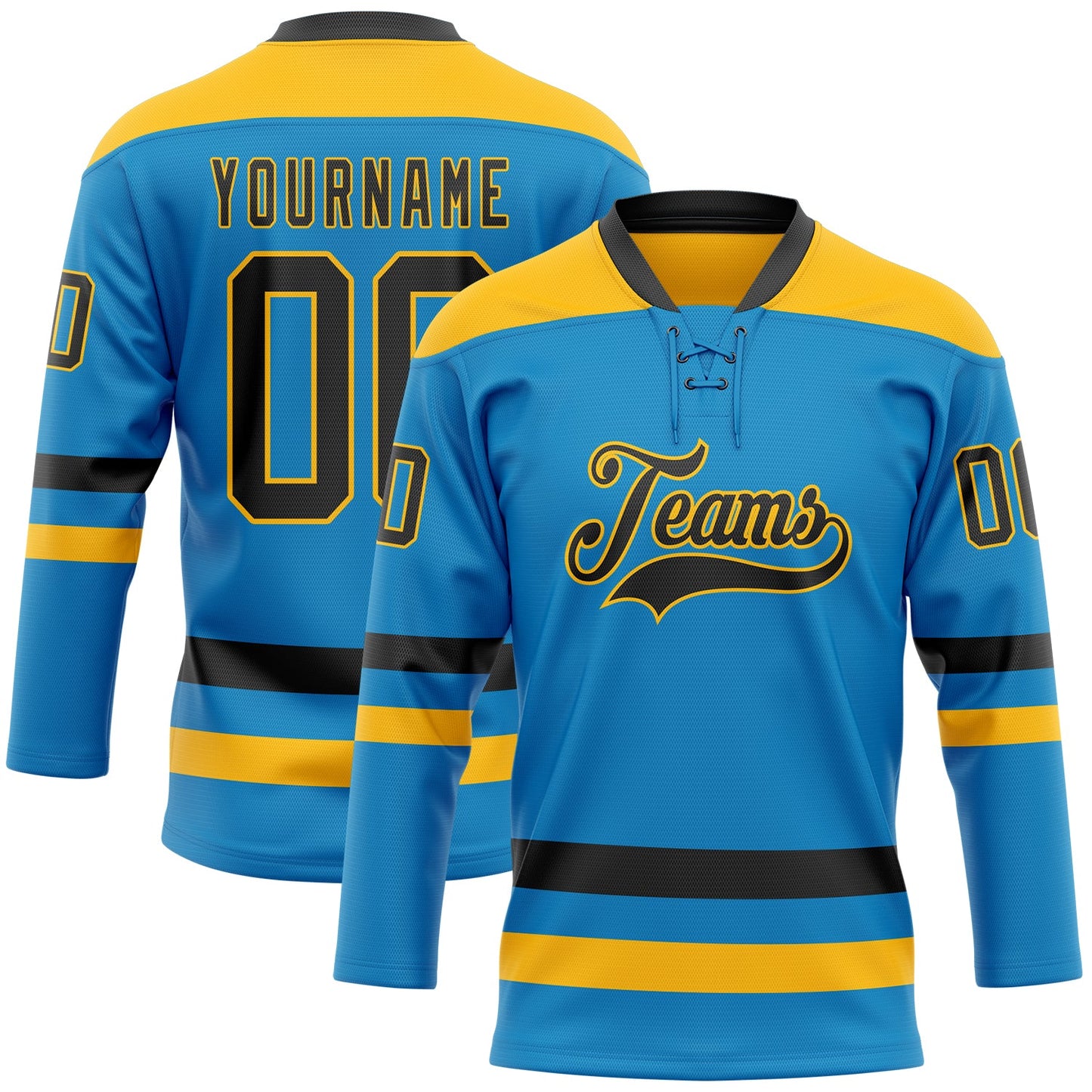 Custom Blue Black-Gold Hockey Lace Neck Jersey - Main View
