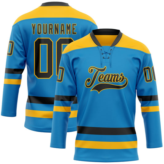 Custom Blue Black-Gold Hockey Lace Neck Jersey - Main View