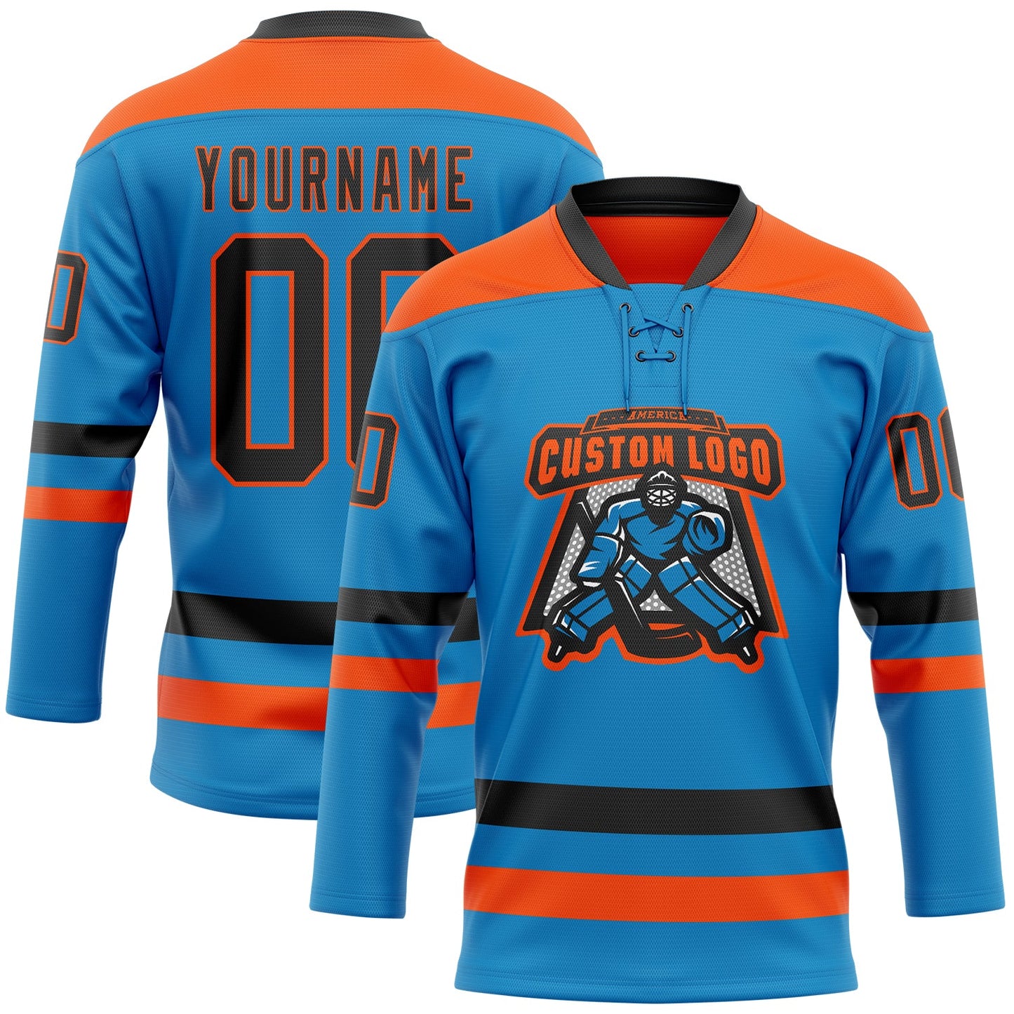 Custom Blue Black-Orange Hockey Lace Neck Jersey view 2