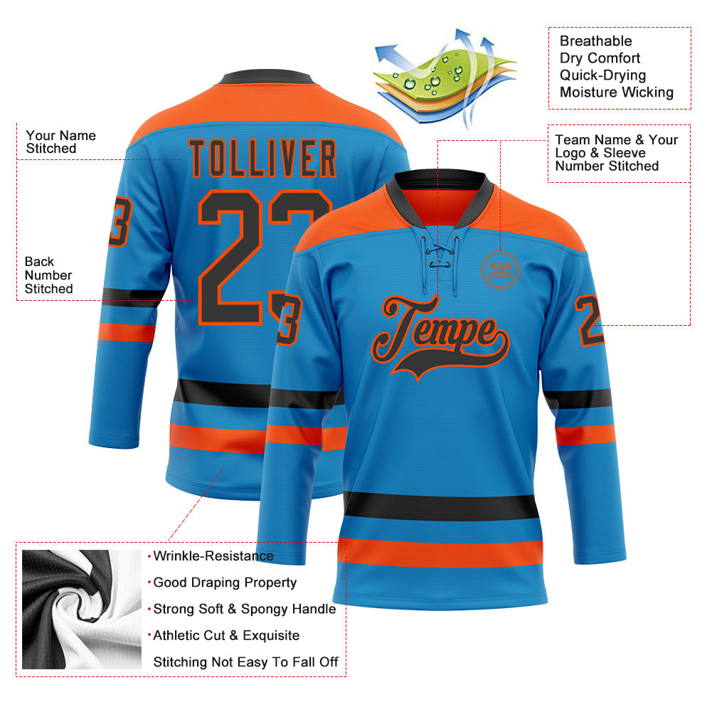 Custom Blue Black-Orange Hockey Lace Neck Jersey view 3