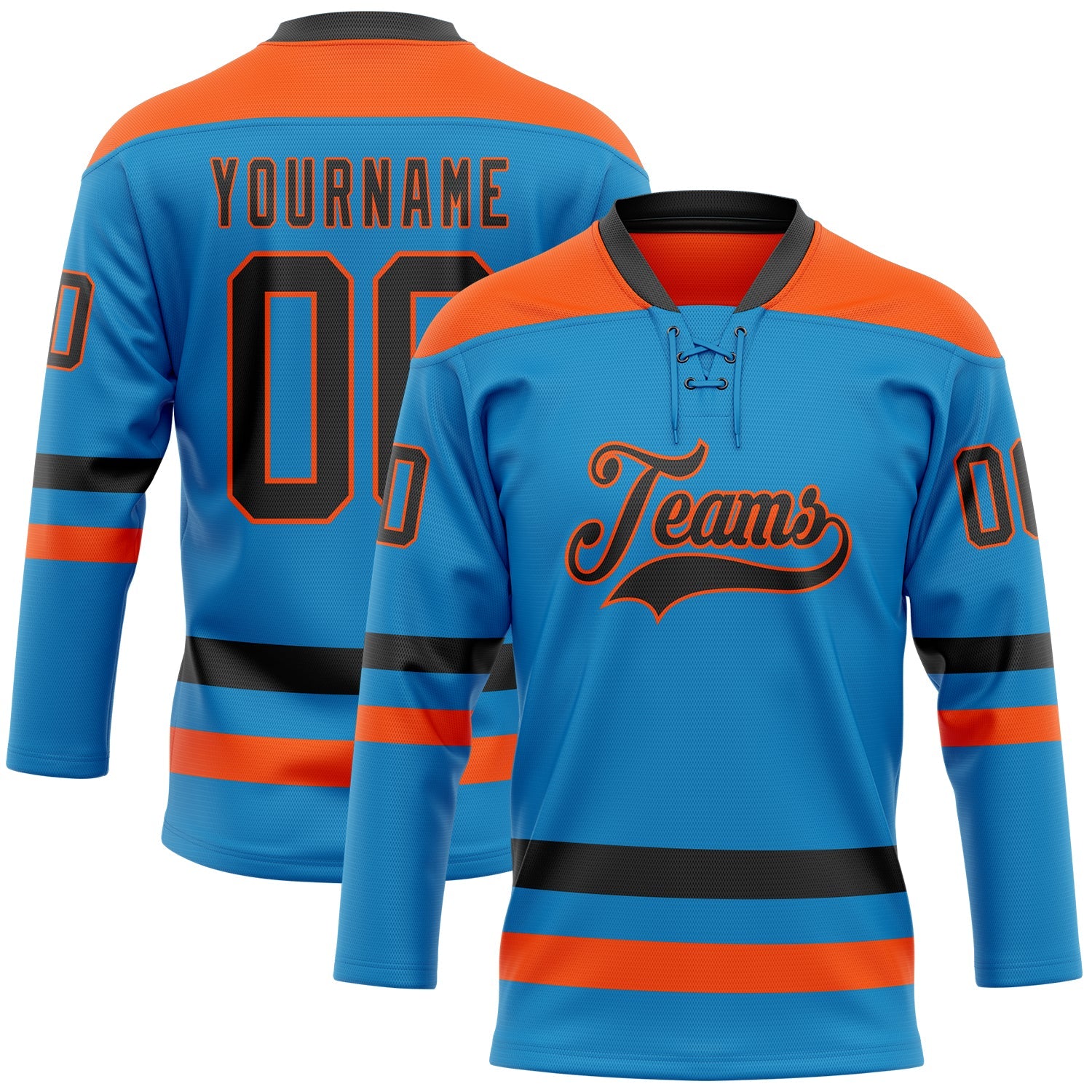 Custom Blue Black-Orange Hockey Lace Neck Jersey - Main View