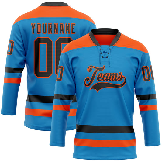 Custom Blue Black-Orange Hockey Lace Neck Jersey - Main View