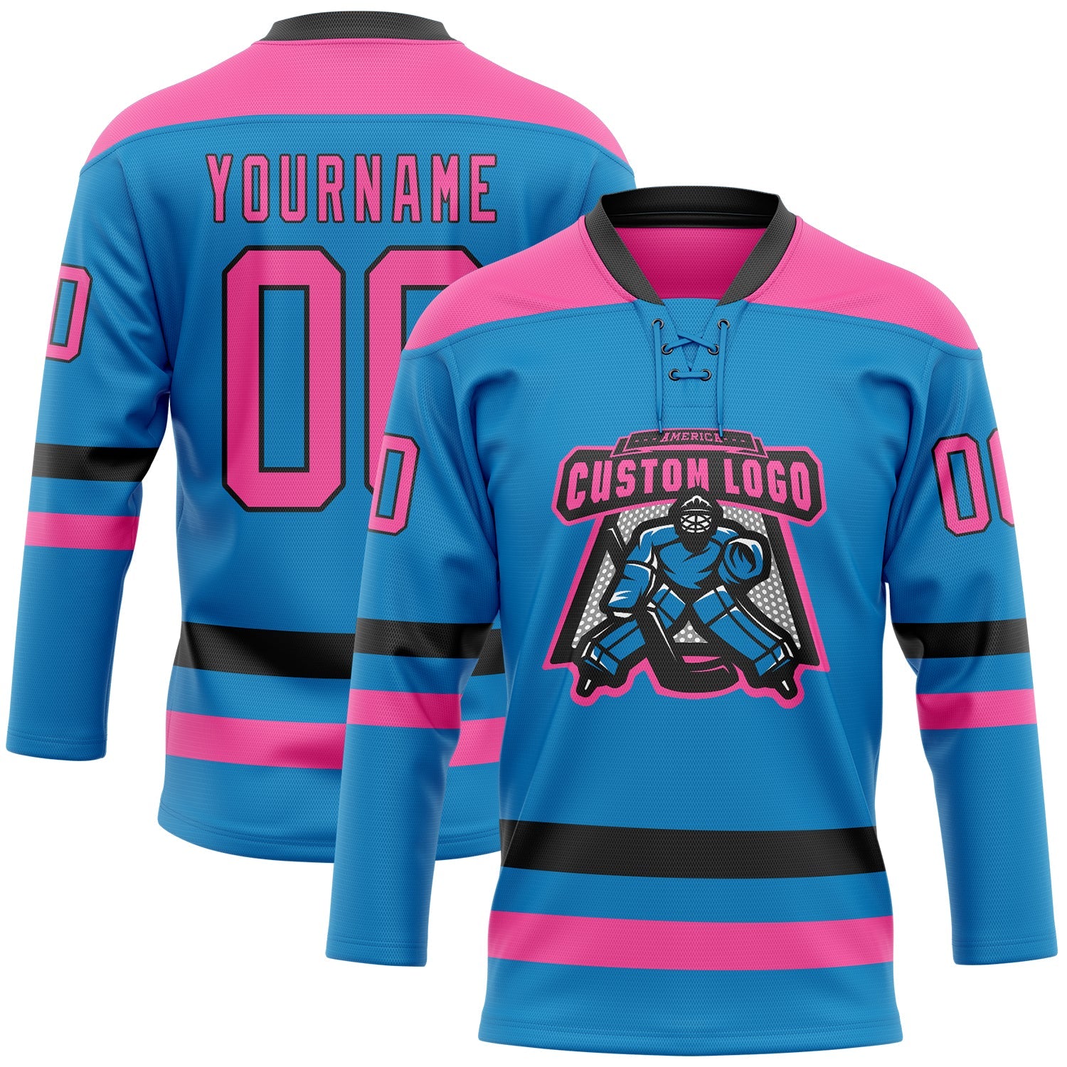 Custom Blue Pink-Black Hockey Lace Neck Jersey view 2