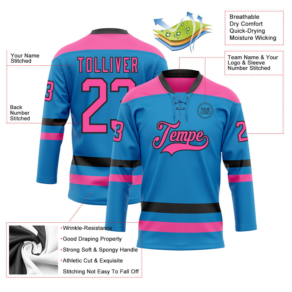 Custom Blue Pink-Black Hockey Lace Neck Jersey view 3
