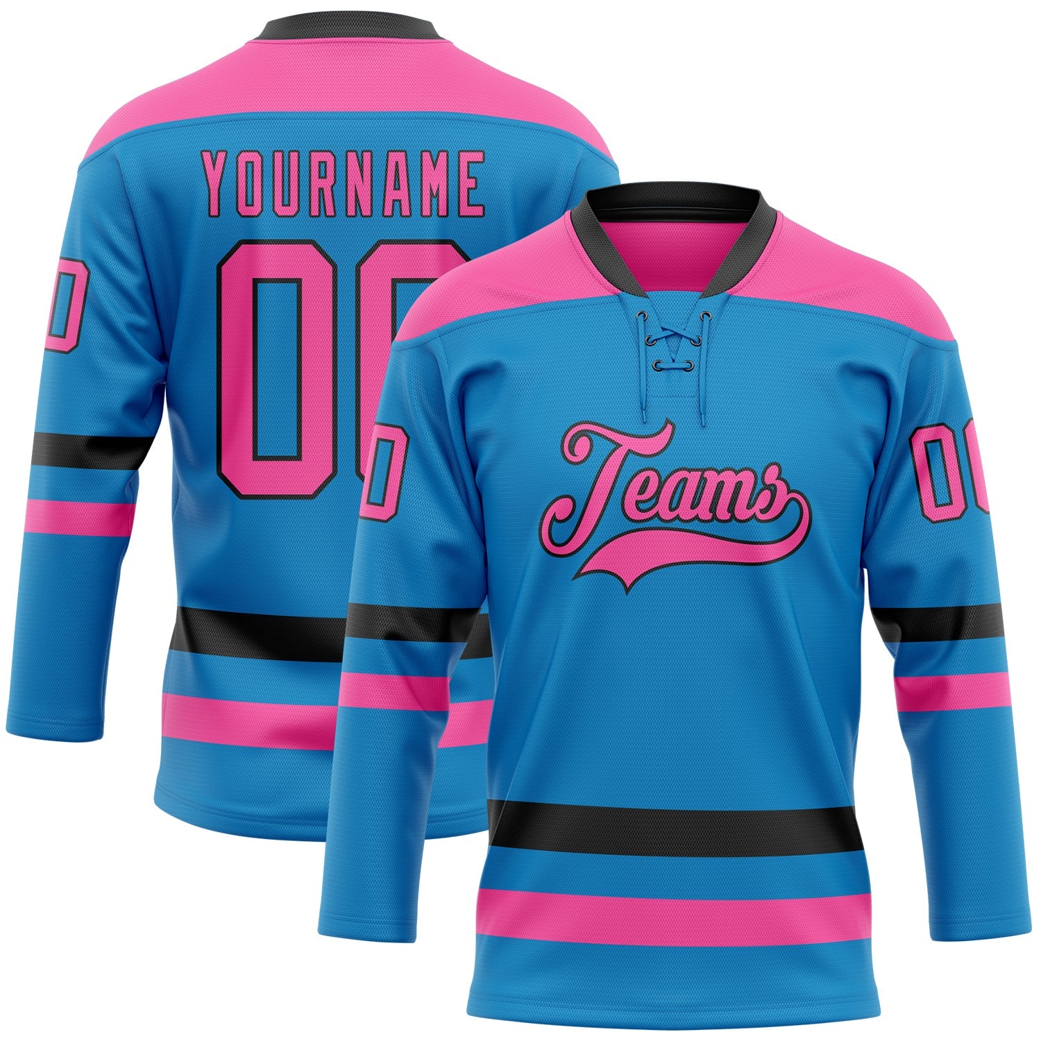 Custom Blue Pink-Black Hockey Lace Neck Jersey - Main View