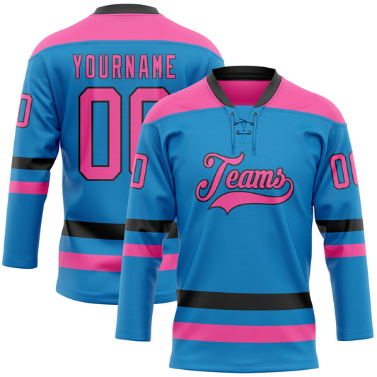 Custom Blue Pink-Black Hockey Lace Neck Jersey - Main View