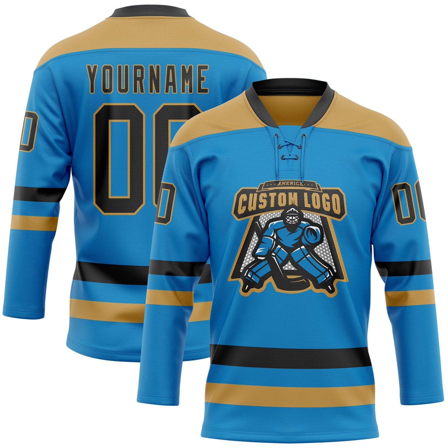 Custom Blue Black-Old Gold Hockey Lace Neck Jersey view 2