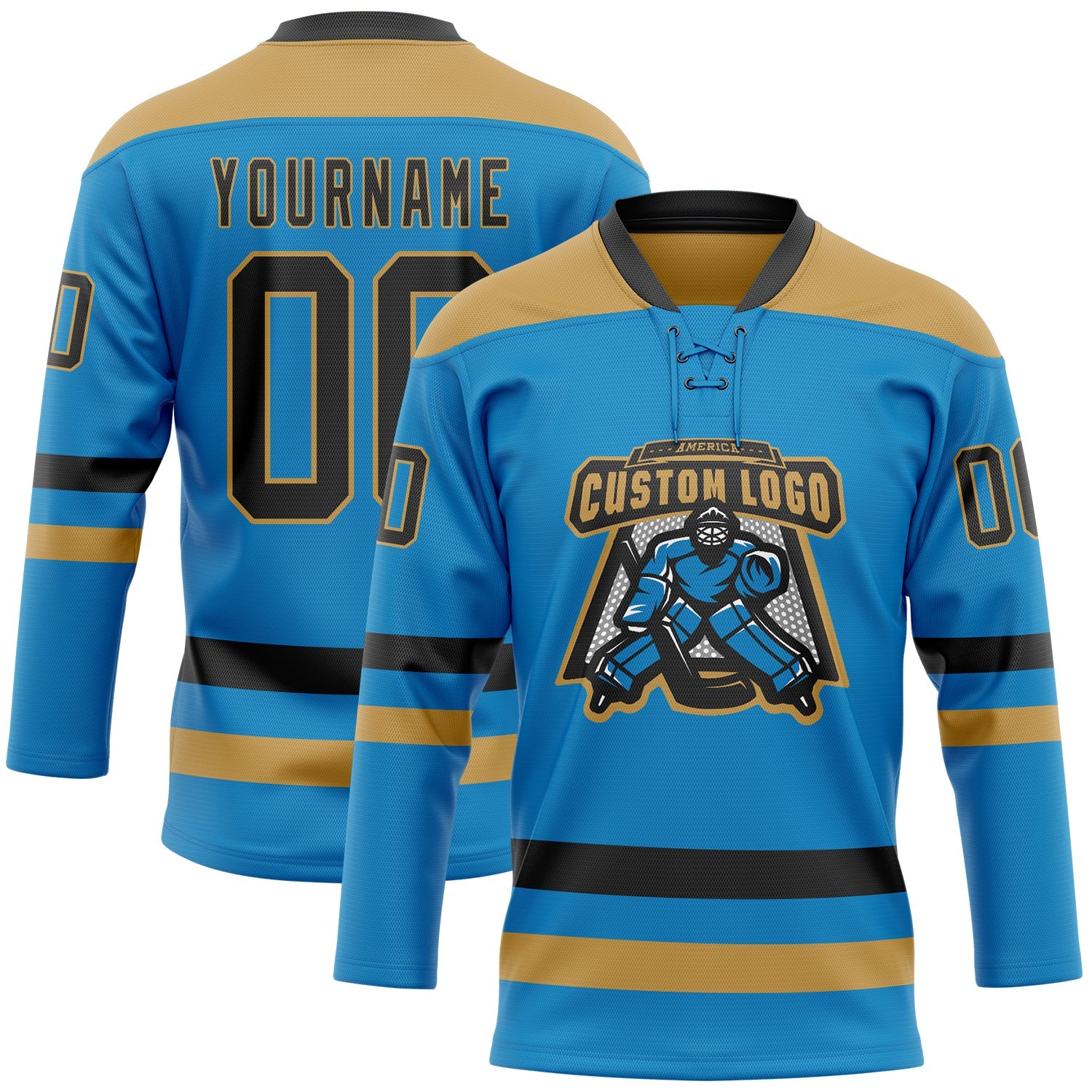 Custom Blue Black-Old Gold Hockey Lace Neck Jersey view 2