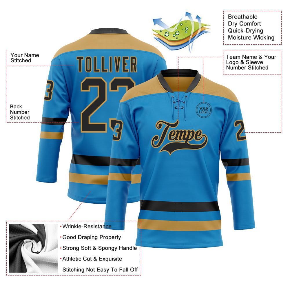Custom Blue Black-Old Gold Hockey Lace Neck Jersey view 3