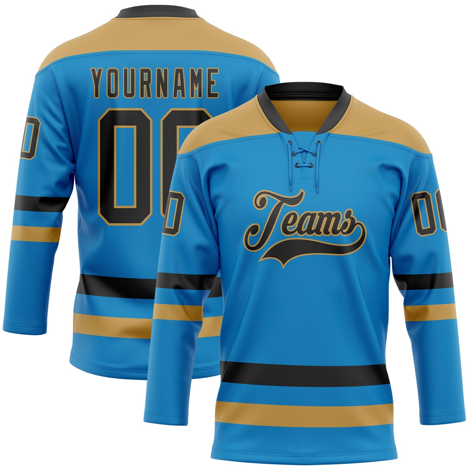 Custom Blue Black-Old Gold Hockey Lace Neck Jersey - Main View