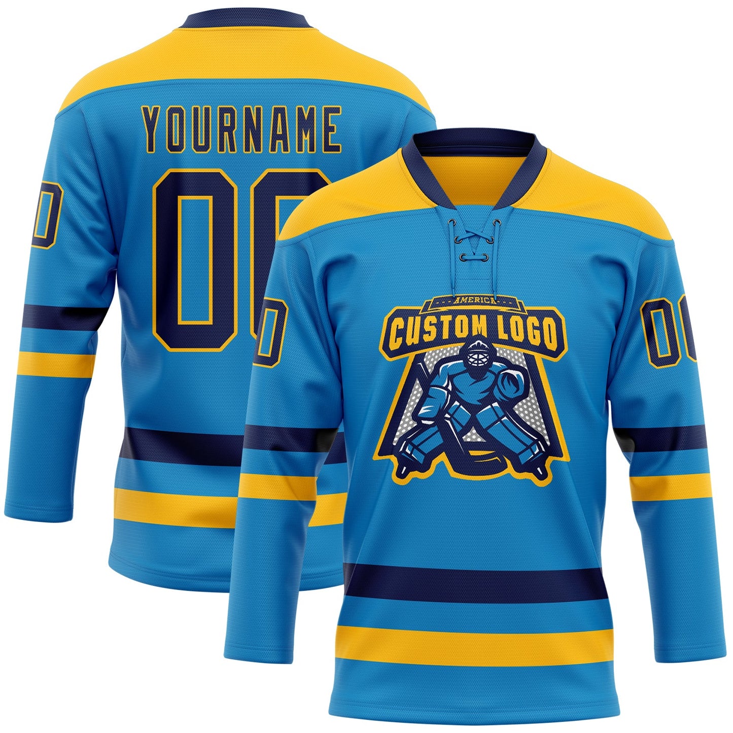 Custom Blue Navy-Gold Hockey Lace Neck Jersey view 2