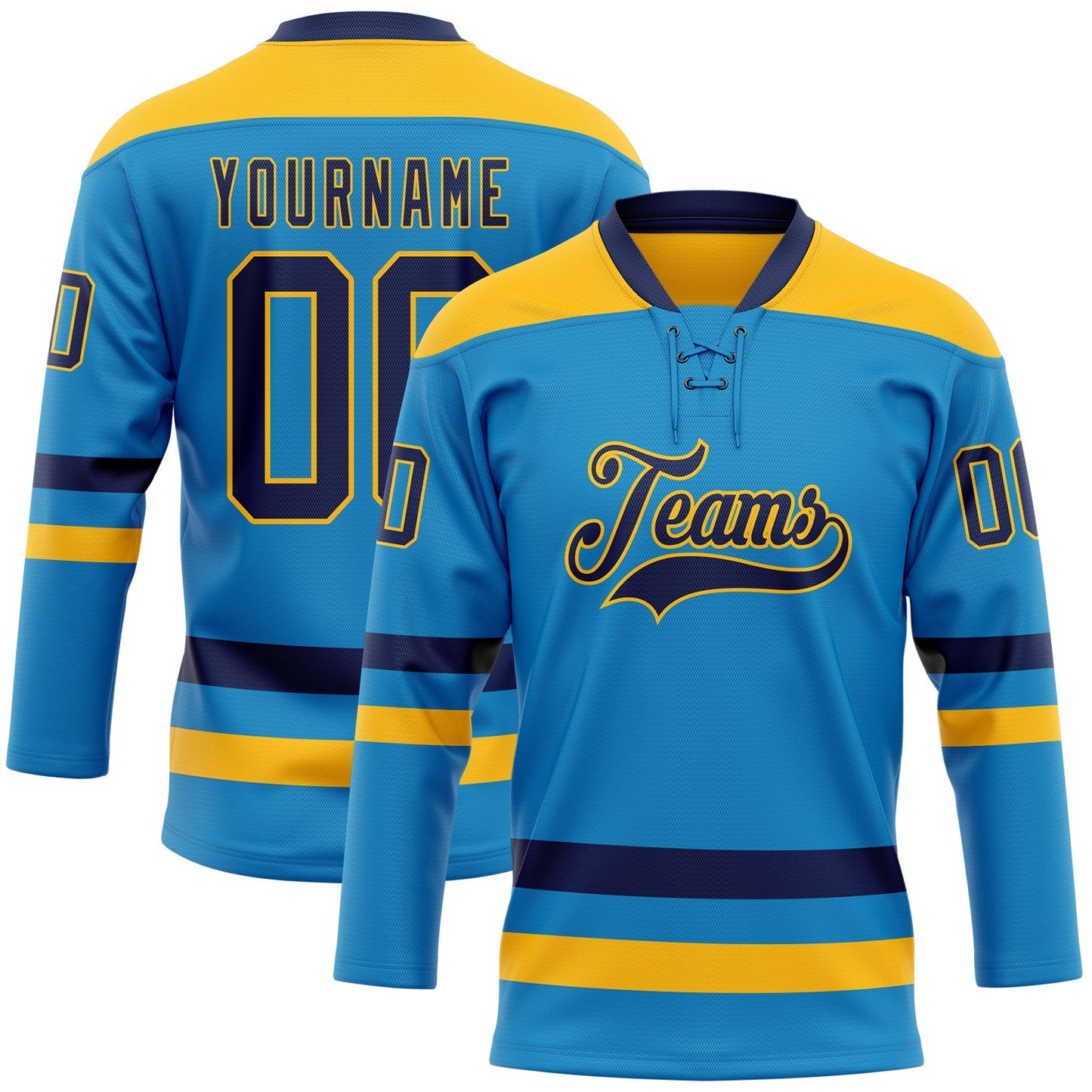 Custom Blue Navy-Gold Hockey Lace Neck Jersey - Main View