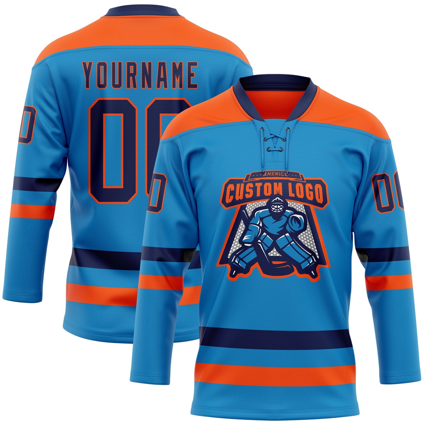 Custom Blue Navy-Orange Hockey Lace Neck Jersey view 2